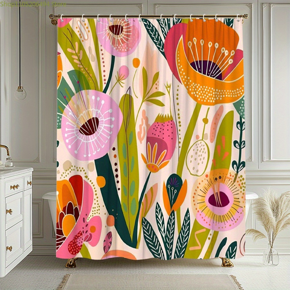 Home Decor Bathroom Ideas - 활기 넘치는 꽃무늬 샤워 커튼, 추상적인