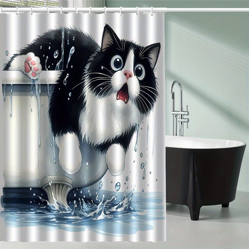 Home Decor Bathroom Ideas - 욕조에서 뛰어나오는 재미있는 고양이 샤워커튼, 귀여운