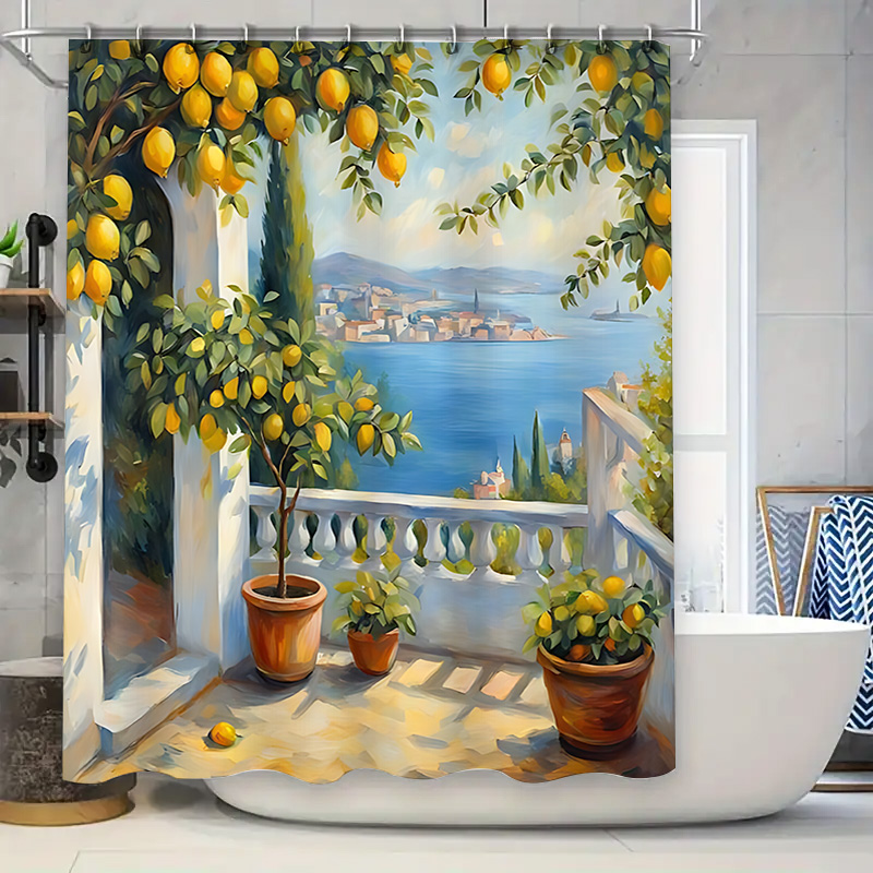 Home Decor Bathroom Ideas - 지중해 레몬 가든 샤워 커튼, 해안