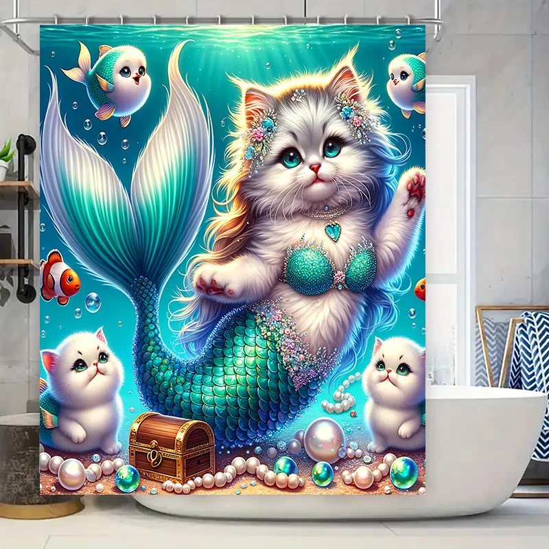 Home Decor Bathroom Ideas - 샤워 커튼 인어 고양이 물고기 꼬리