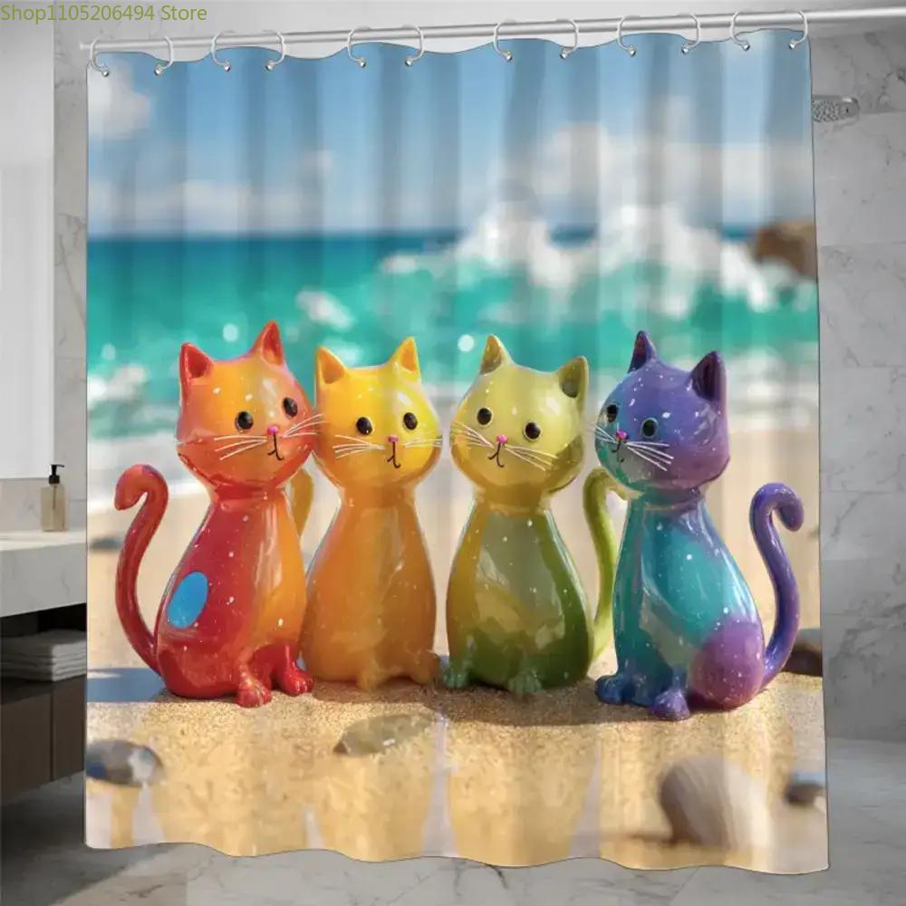 Home Decor Bathroom Ideas - 화려한 무지개 고양이 샤워 커튼 해변에서의
