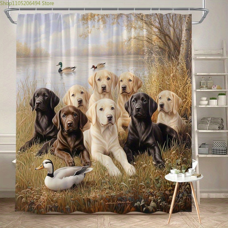 Home Decor Bathroom Ideas - 래브라도 강아지 가족 샤워 커튼, 오리