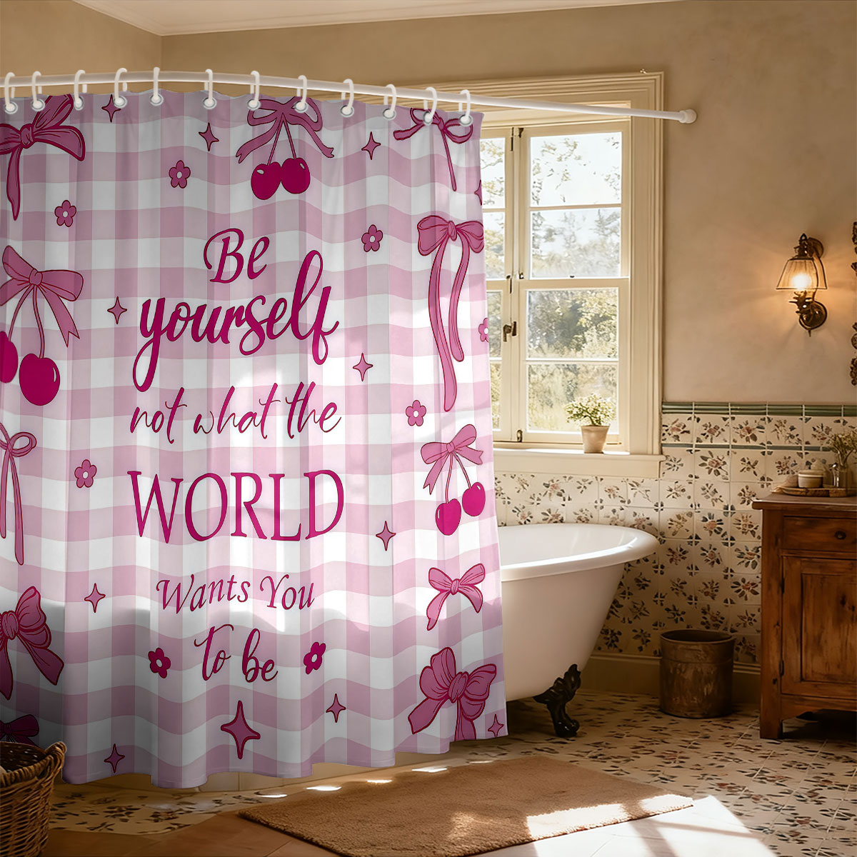Home Bathroom Partition - 1pc 핑크 리본 프린트 샤워 커튼