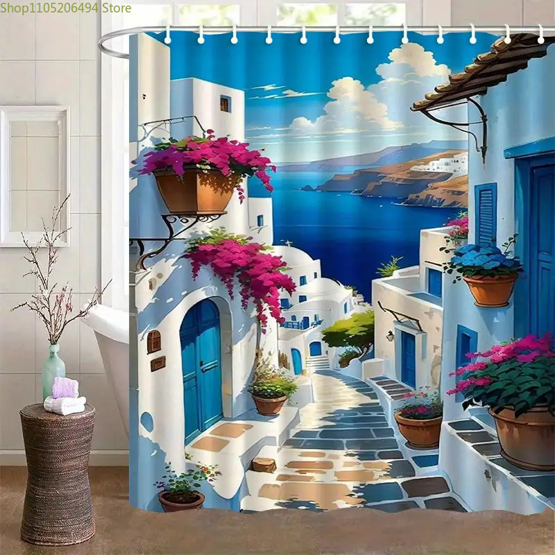 Home Decor Bathroom Ideas - 산토리니 그리스 섬 샤워 커튼 블루