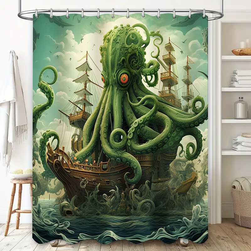 문어 선박 샤워 커튼 초현실적 인 해양 장식 녹색 파란 - Home Decor Bathroom Ideas 리뷰 및 가격