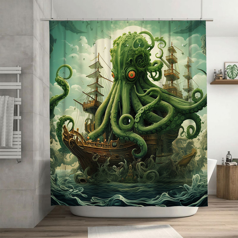 문어 선박 샤워 커튼 초현실적 인 해양 장식 녹색 파란 - Home Decor Bathroom Ideas 리뷰 및 가격