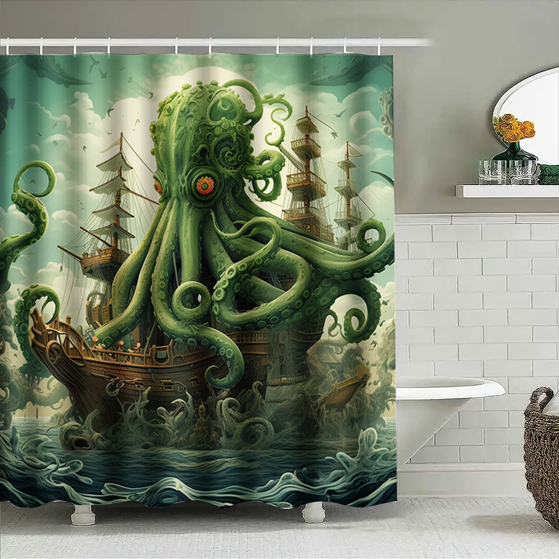 문어 선박 샤워 커튼 초현실적 인 해양 장식 녹색 파란 - Home Decor Bathroom Ideas 리뷰 및 가격