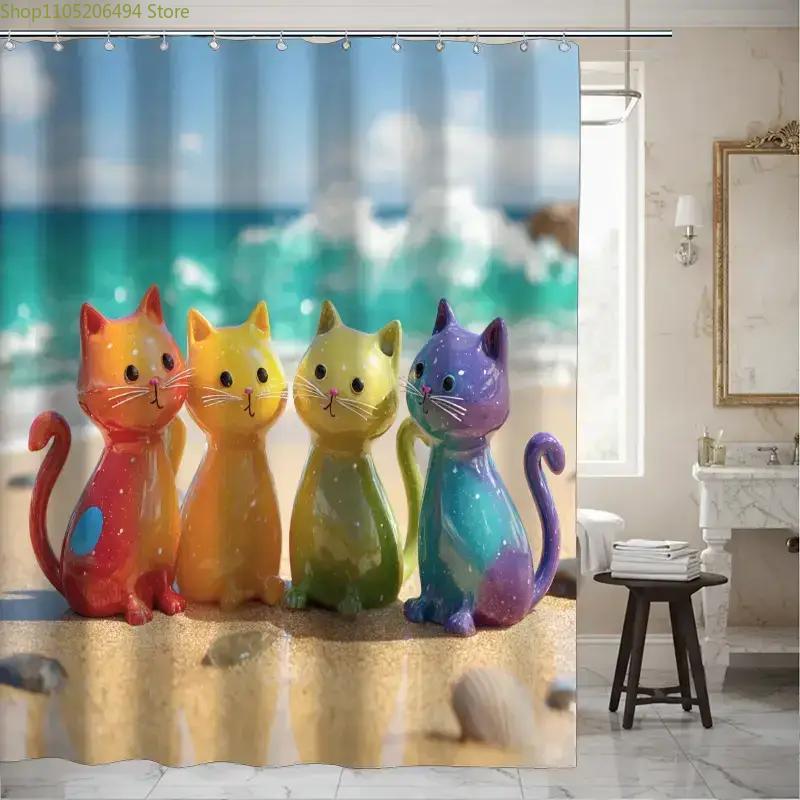 화려한 무지개 고양이 샤워 커튼 해변에서의 귀여운 만화 - Home Decor Bathroom Ideas 리뷰 및 가격
