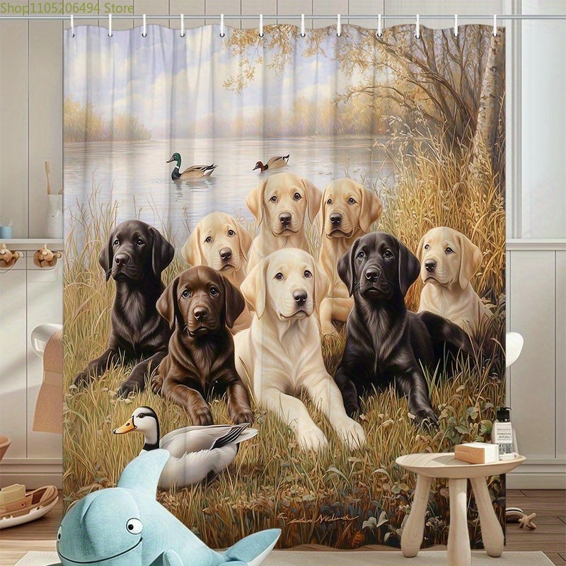 래브라도 강아지 가족 샤워 커튼, 오리 장면 디자인의  - Home Decor Bathroom Ideas 리뷰 및 가격