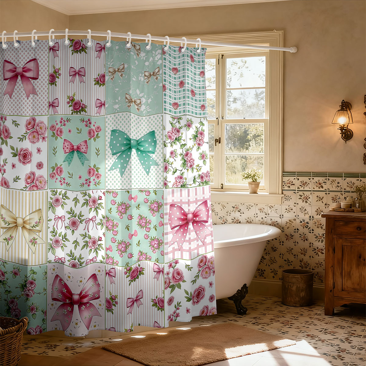 1pc 핑크 리본 프린트 샤워 커튼 여러 크기의 파티션 - Home Bathroom Partition 리뷰 및 가격