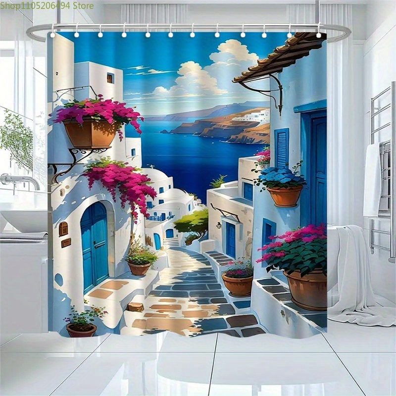 산토리니 그리스 섬 샤워 커튼 블루 화이트 마을 바다  - Home Decor Bathroom Ideas 리뷰 및 가격